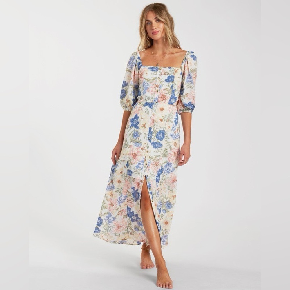 Billabong Floral Maxi Dress in Cream, Blue & Pink